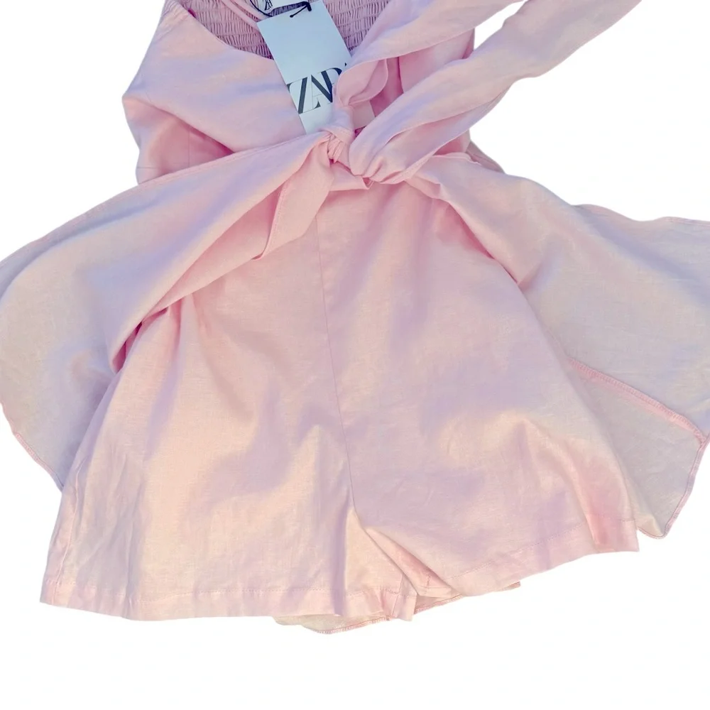 New Zara Romper Dress Linen Blend Blogger Fav Feminine Pastel Ballerina Pink - Picture 3 of 7